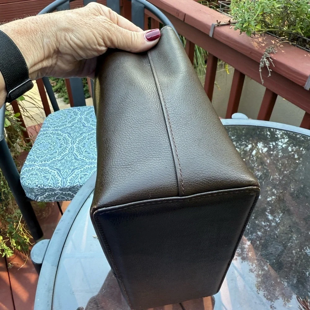 Burberry Brown Leather Tote Bag with Burberry Scarf and perfume.